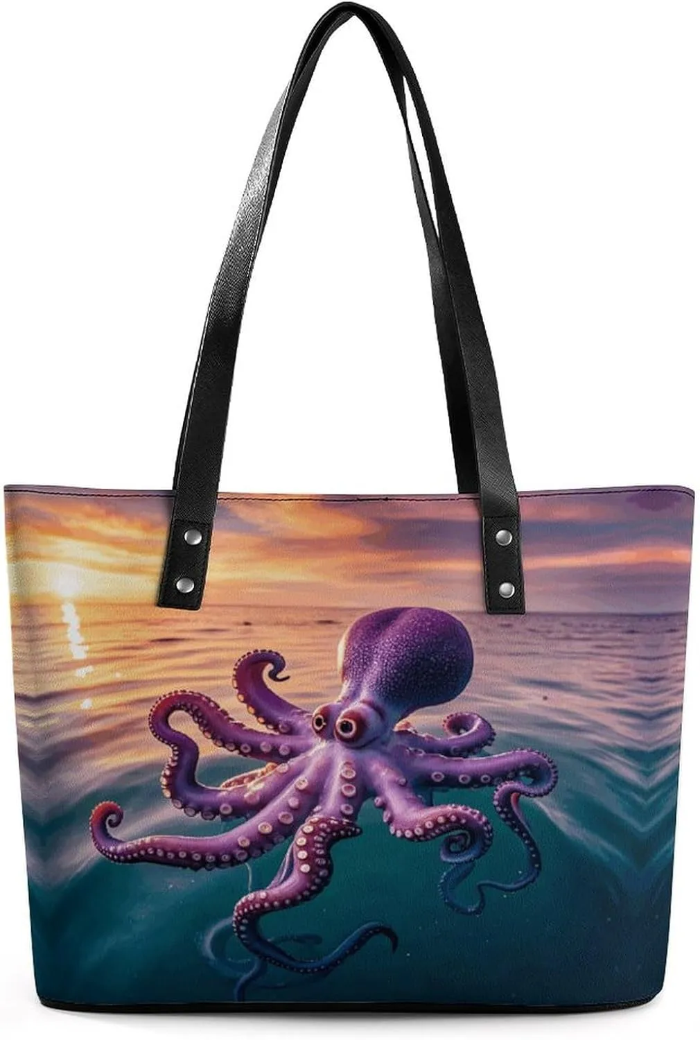 Leather Lady's Handbag Giant Octopus Print Leather Tote Bags For Women Trendy Ladies Shoulder Bag for Work, Travel, Casual Use