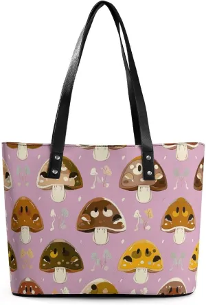 Leather Lady's Handbag Mushroom Motif Print Leather Tote Bags For Women Trendy Ladies Shoulder Bag for Work, Travel, Casual Use