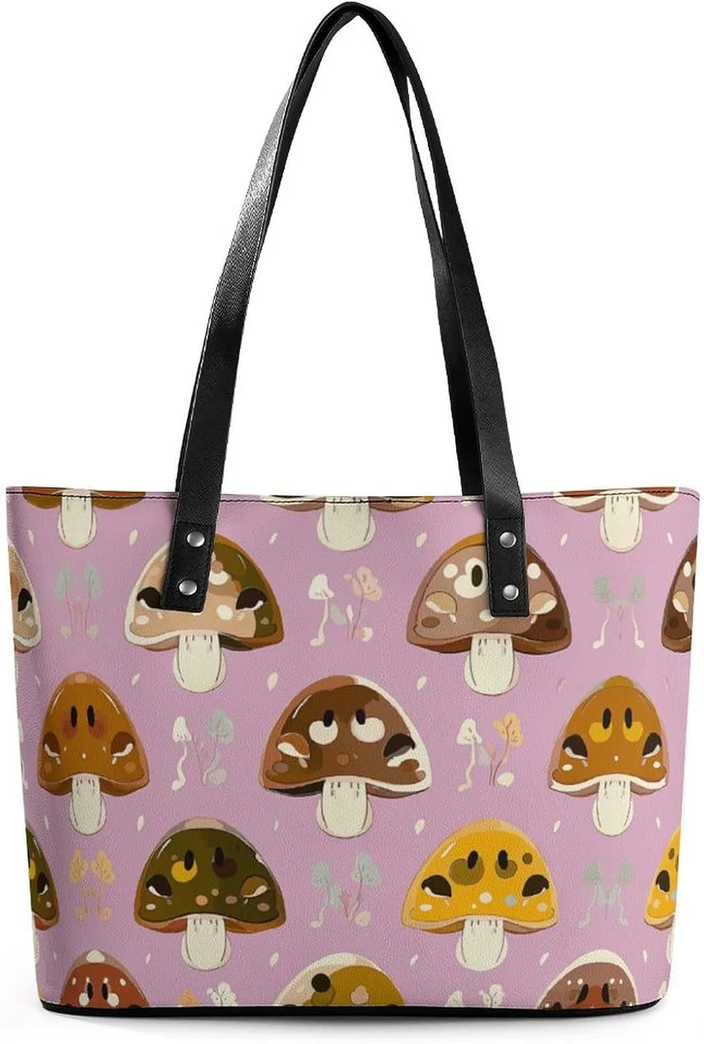 Leather Lady's Handbag Mushroom Motif Print Leather Tote Bags For Women Trendy Ladies Shoulder Bag for Work, Travel, Casual Use