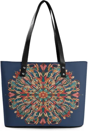 Leather Lady's Handbag Old Oriental Style Mosaic Composition with Inter-mandala Motifs Print Leather Tote Bags For Women Trendy Ladies Shoulder Bag for Work, Travel, Casual Use