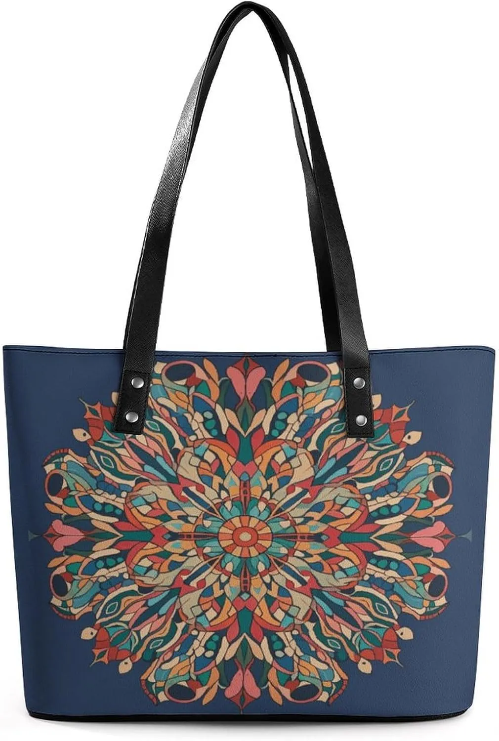 Leather Lady's Handbag Old Oriental Style Mosaic Composition with Inter-mandala Motifs Print Leather Tote Bags For Women Trendy Ladies Shoulder Bag for Work, Travel, Casual Use