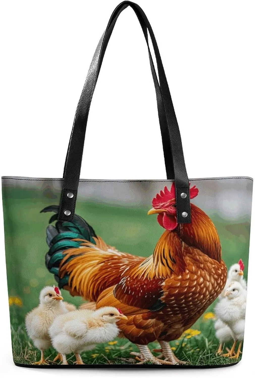 Leather Lady's Handbag Roosters And Chicks Print Leather Tote Bags For Women Trendy Ladies Shoulder Bag for Work, Travel, Casual Use