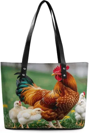 Leather Lady's Handbag Roosters And Chicks Print Leather Tote Bags For Women Trendy Ladies Shoulder Bag for Work, Travel, Casual Use