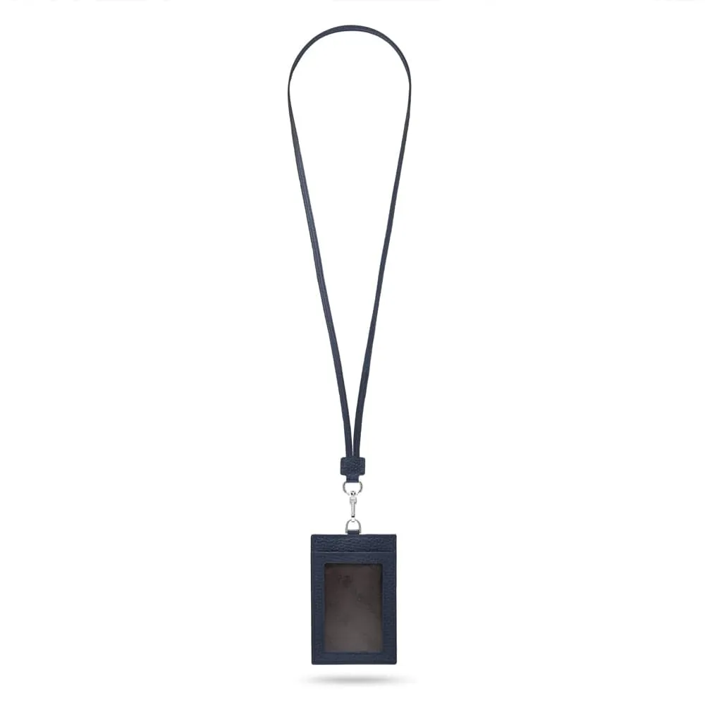 Leather Lanyard ID Card Holder - Navy