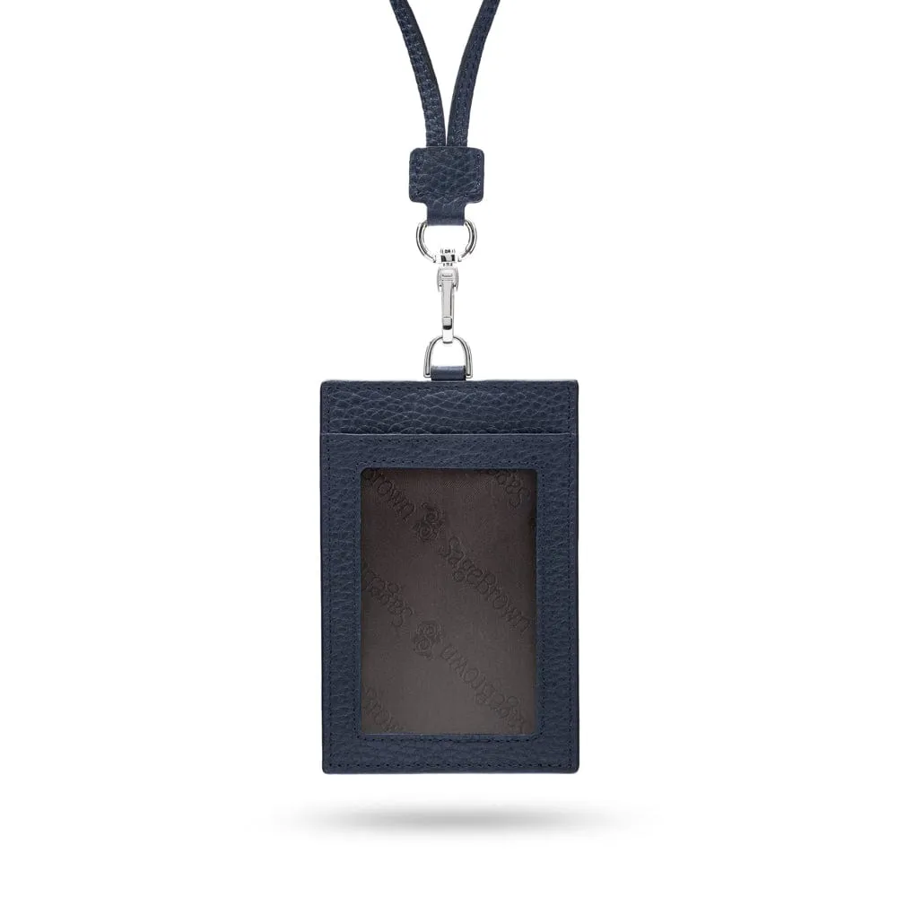 Leather Lanyard ID Card Holder - Navy