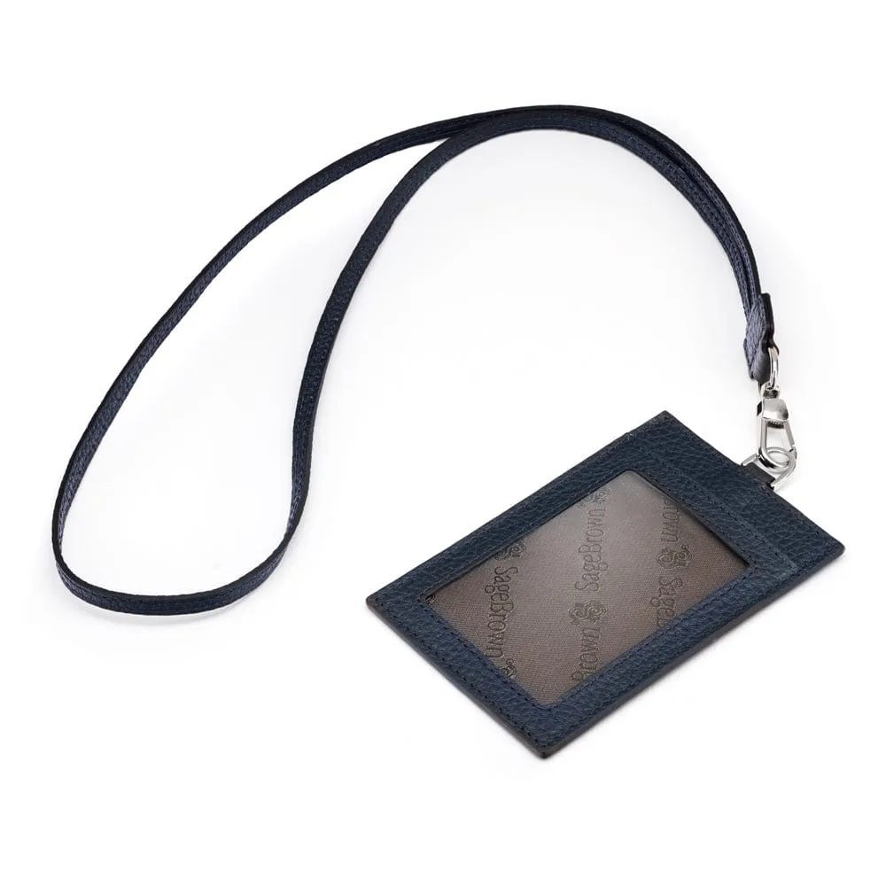 Leather Lanyard ID Card Holder - Navy