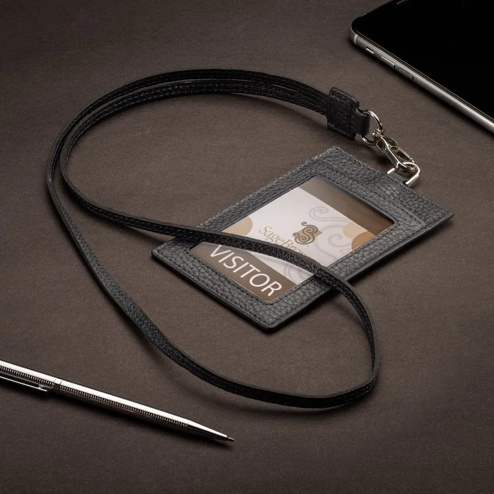 Leather Lanyard ID Card Holder - Navy