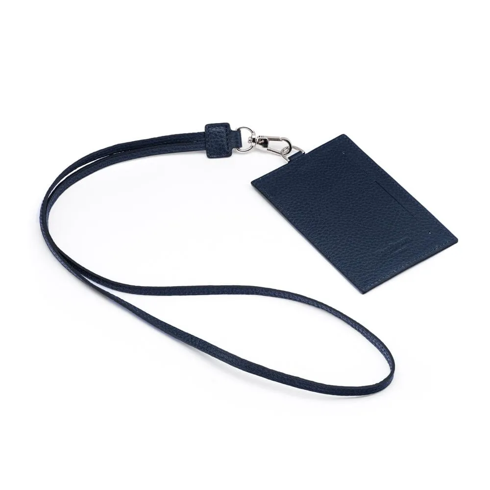 Leather Lanyard ID Card Holder - Navy