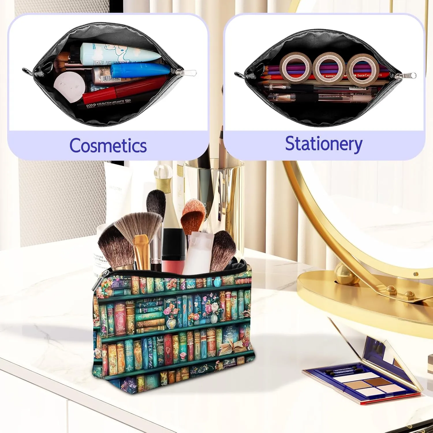 Leather Makeup Bag with Detachable Tape, Waterproof Portable Samll Cosmetic Bag Travel Accessories Organizer, Travel Toiletry Bag for Women Man, Bookshelf Make up Bag