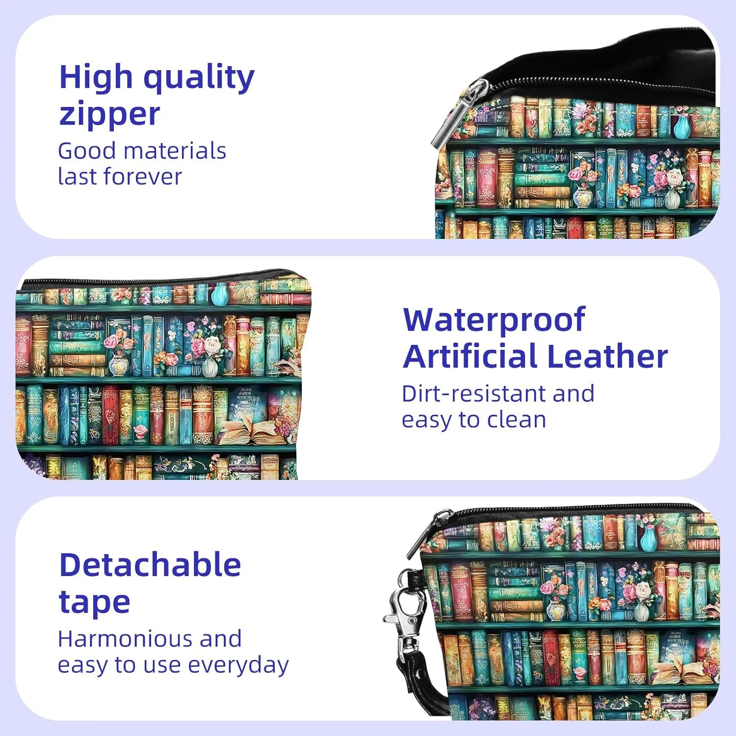 Leather Makeup Bag with Detachable Tape, Waterproof Portable Samll Cosmetic Bag Travel Accessories Organizer, Travel Toiletry Bag for Women Man, Bookshelf Make up Bag