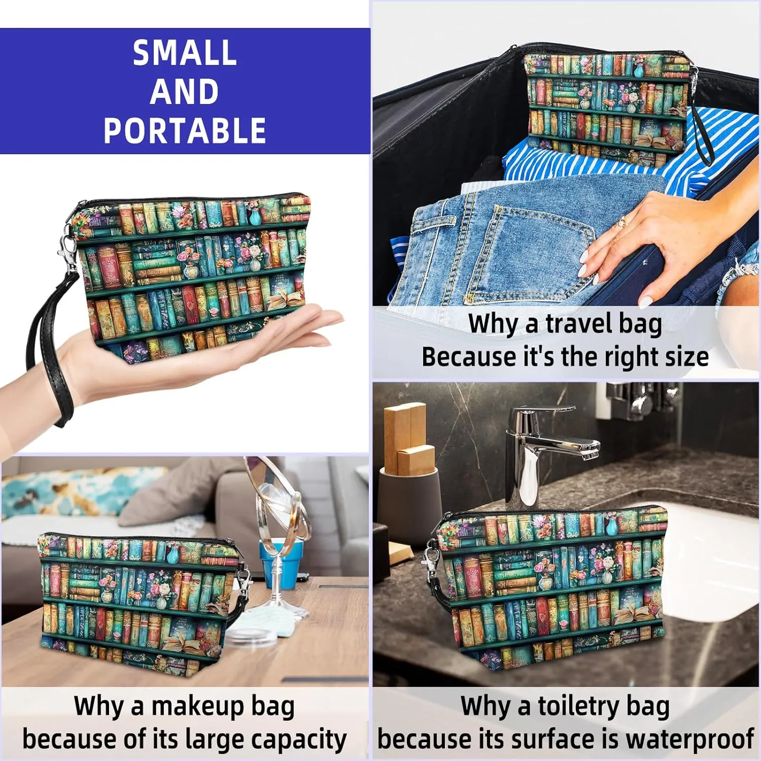 Leather Makeup Bag with Detachable Tape, Waterproof Portable Samll Cosmetic Bag Travel Accessories Organizer, Travel Toiletry Bag for Women Man, Bookshelf Make up Bag