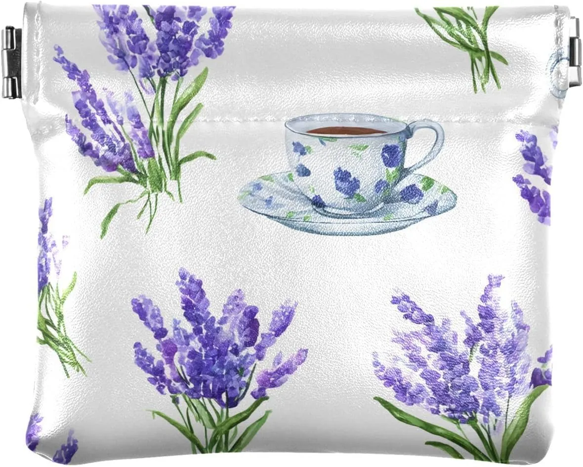 Leather Mini Squeeze Coin Purse Teacup Lavender Pattern Small Jewelry Pouch Travel Bag Coin Change Holder for Women/Men