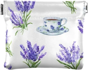 Leather Mini Squeeze Coin Purse Teacup Lavender Pattern Small Jewelry Pouch Travel Bag Coin Change Holder for Women/Men