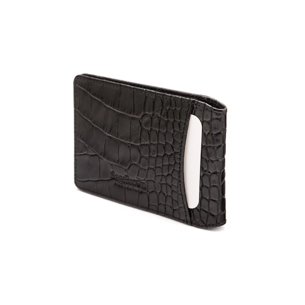 Leather Oyster Card Holder - Black Croc-Effect With Red