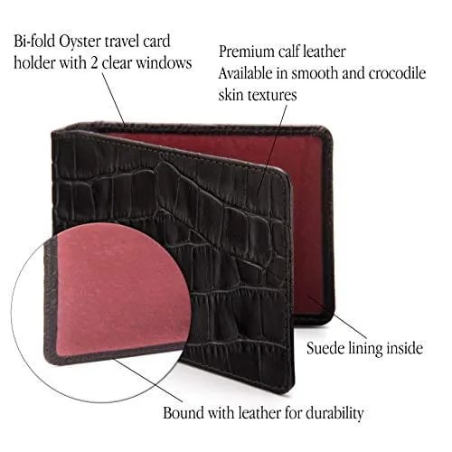 Leather Oyster Card Holder - Black Croc-Effect With Red