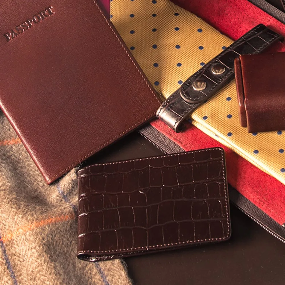Leather Oyster Card Holder - Brown Croc-Effect With Green