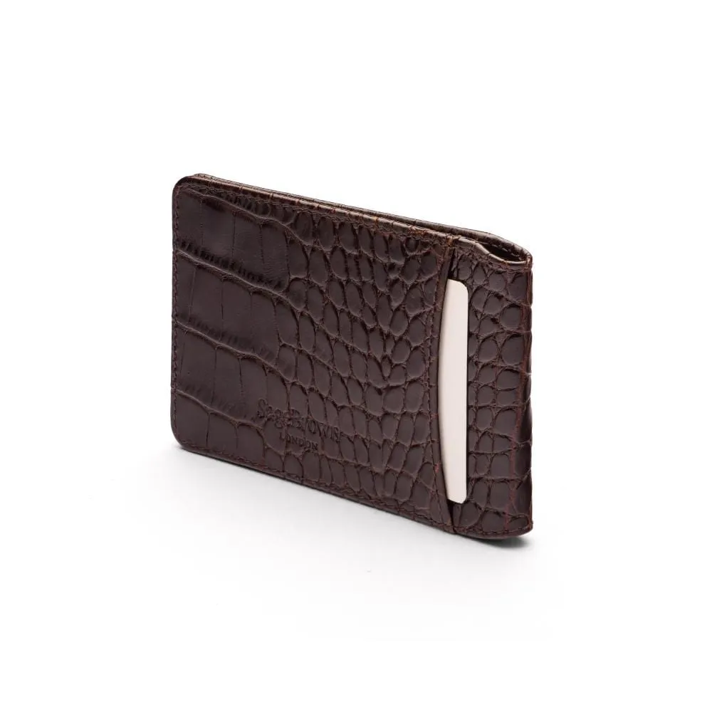 Leather Oyster Card Holder - Brown Croc-Effect With Green