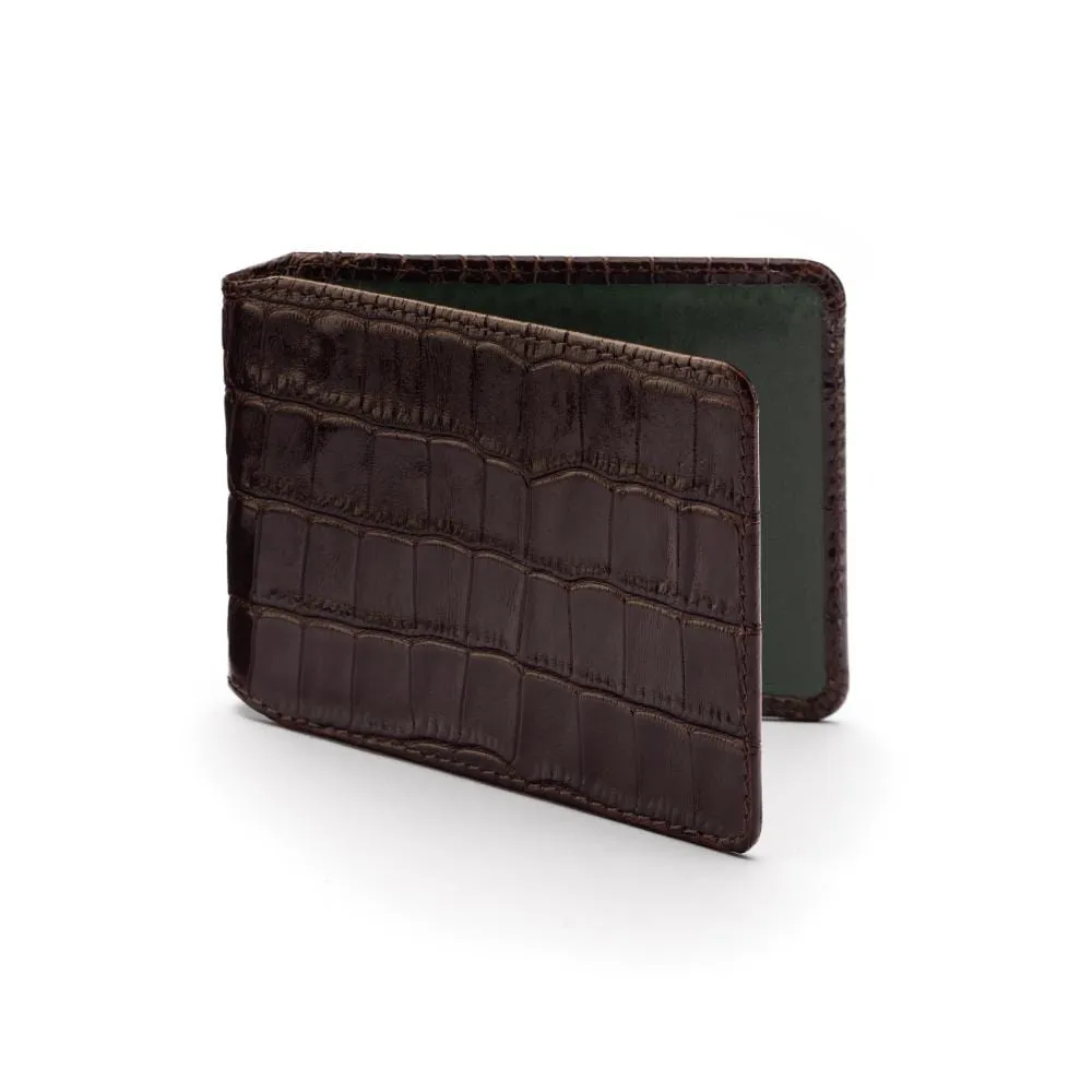 Leather Oyster Card Holder - Brown Croc-Effect With Green