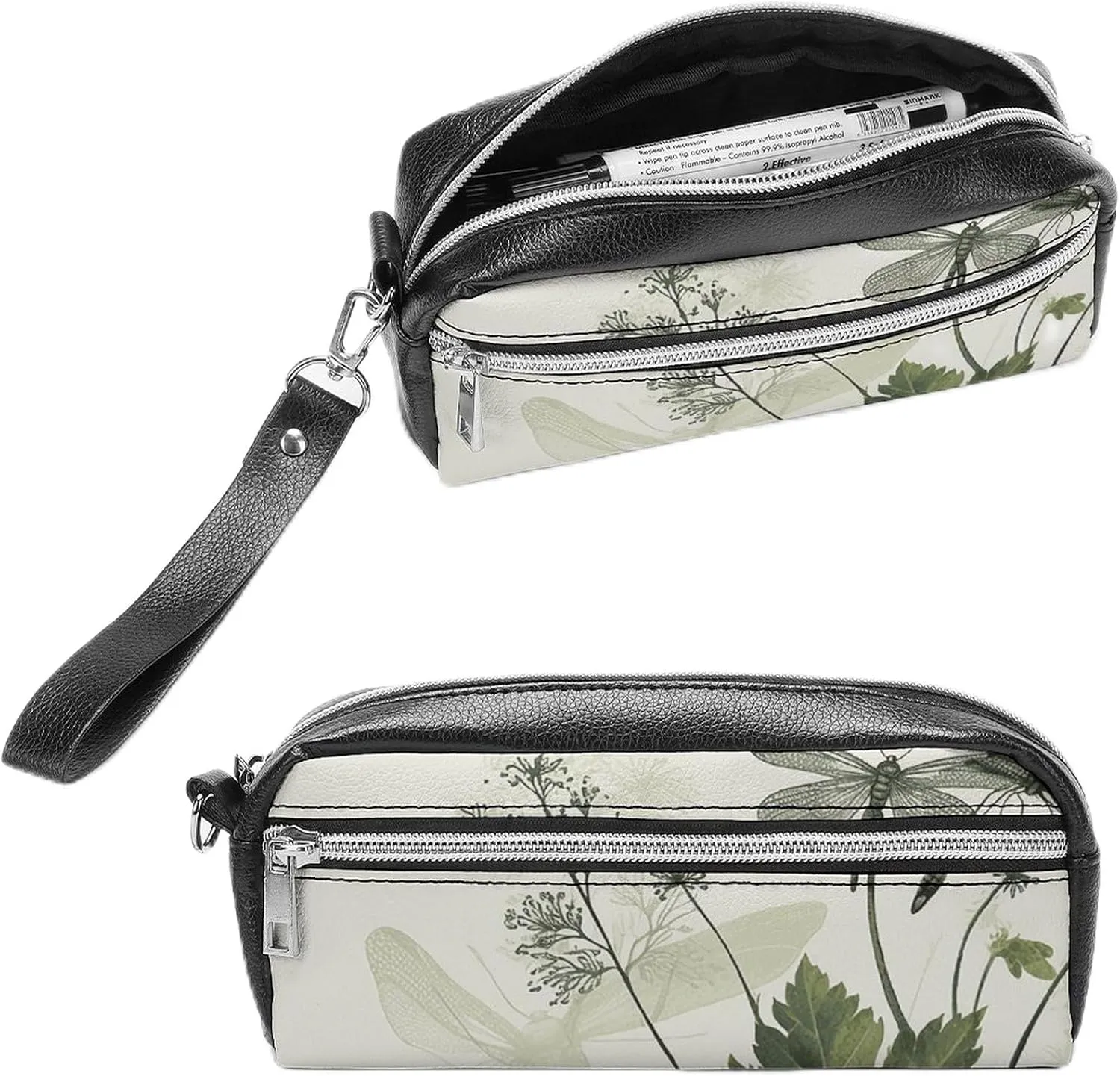 Leather Pencil Cases Foliage And Herbs with Dragonflies Winged Pen Pouch Travel Cosmetic Bag for Purse Portable Makeup Brush Bag Holder Coin Purse for Women Makeup Case Organizer