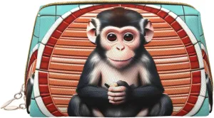 Leather portable cosmetic bag, zipper closure to take items, suitable for storage at home and travelThe silent monkey