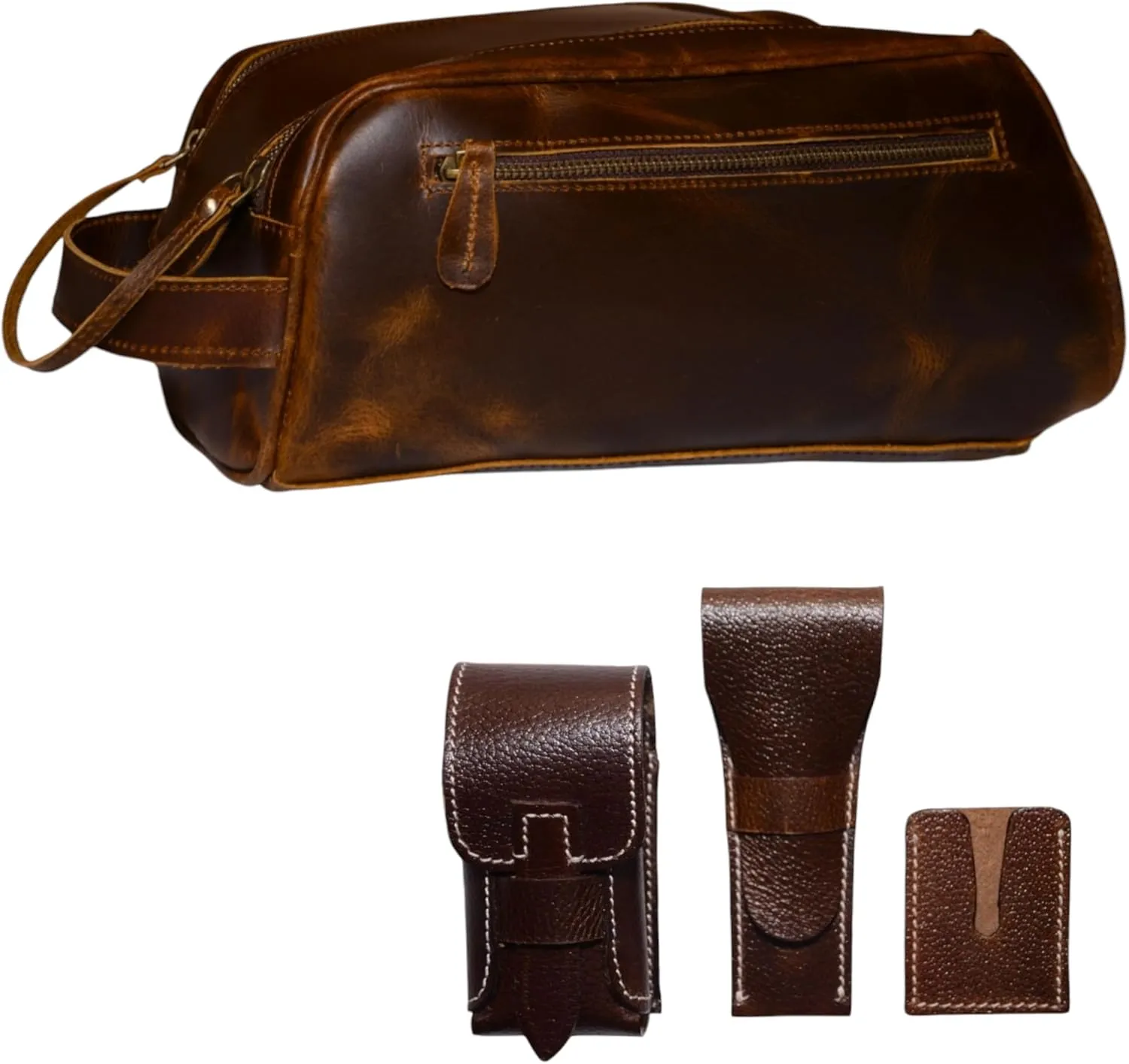 Leather Toiletry Bag Travel Pouch Unisex Dopp Kit With Shaving kit Accessories 3 Leather items :Shaving Brush Case,Razor Protective Travel Case (Combo of 4 Items)