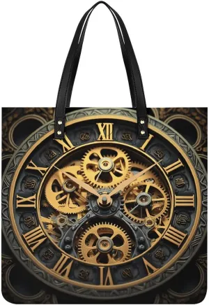 Leather Tote Bag, Clock Gear Print Women's Leather Handbag Fashion Leather Handbag Durable Leather Bag Stylish Tote Bag