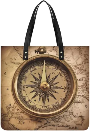 Leather Tote Bag, Compass Navigation Print Women's Leather Handbag Fashion Leather Handbag Durable Leather Bag Stylish Tote Bag