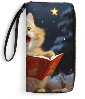 Leather Wallet Painted Bag Cute Cat Sing Christmas Carols Advanced Fashion Leather Card Bag Exquisite Beautiful Leather Wallet