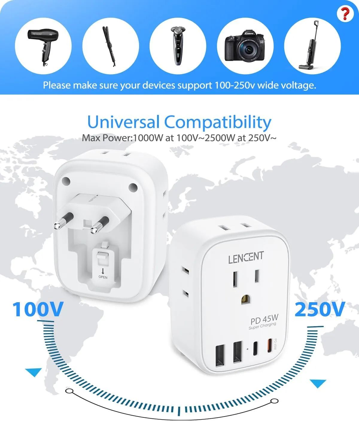 LENCENT European Travel Plug Adapter, PD 45W Type C Foldable Power Plug with 4 Outlet, USB Fast Charger Adaptor, Travel Essentials for US to Most of Europe EU Spain Italy France, Cruise Ship Approved