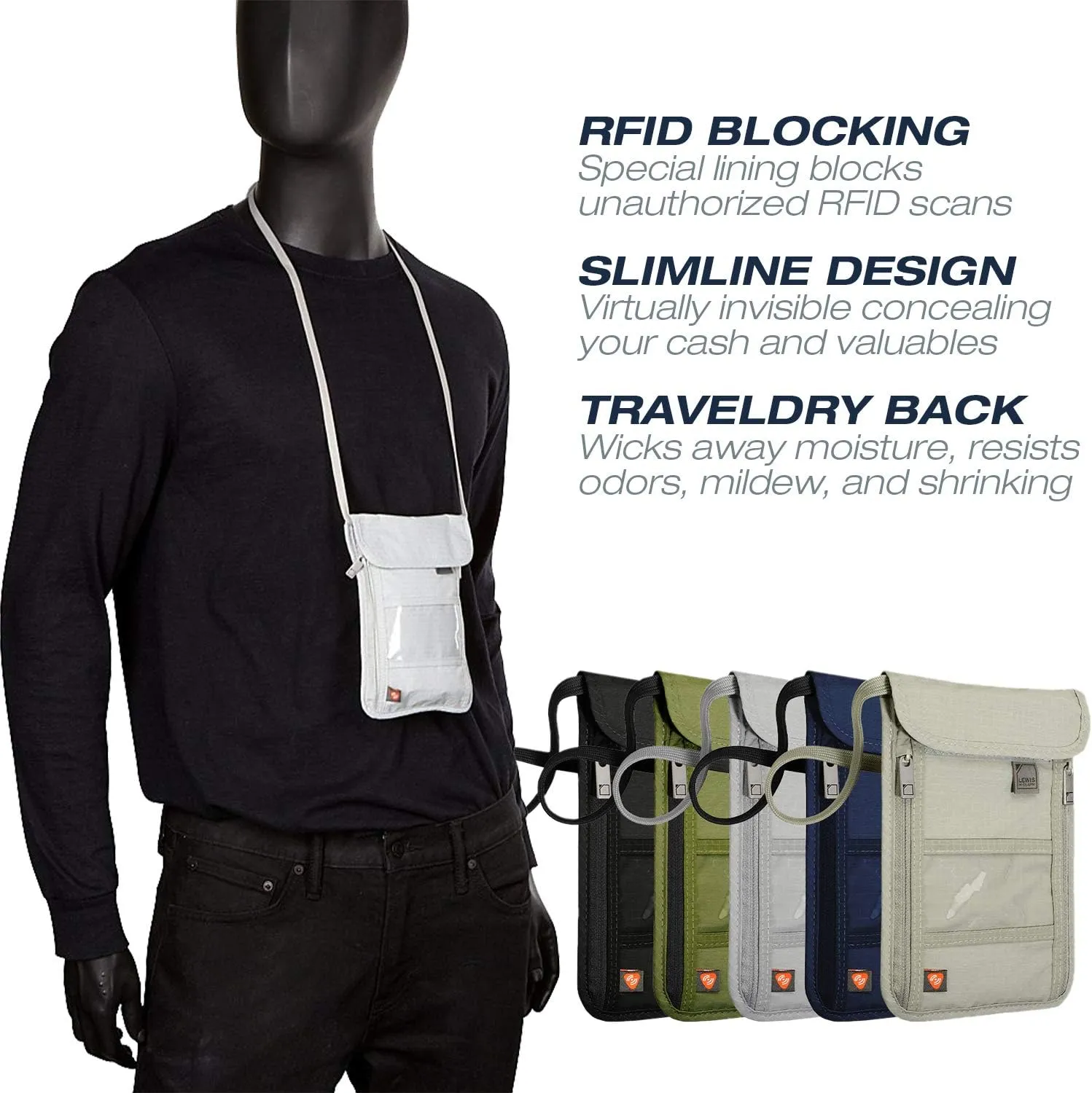 Lewis N. Clark RFID Blocking Stash Neck Wallet, Travel Pouch   Passport Holder for Women & Men, Black, One Size
