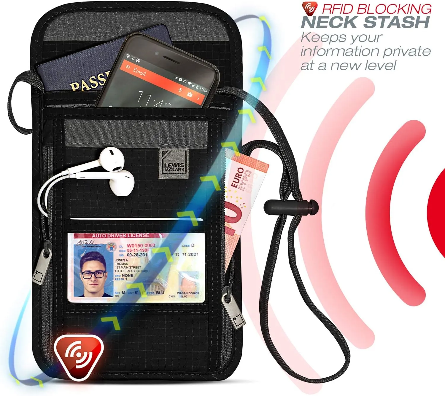 Lewis N. Clark RFID Blocking Stash Neck Wallet, Travel Pouch   Passport Holder for Women & Men, Black, One Size