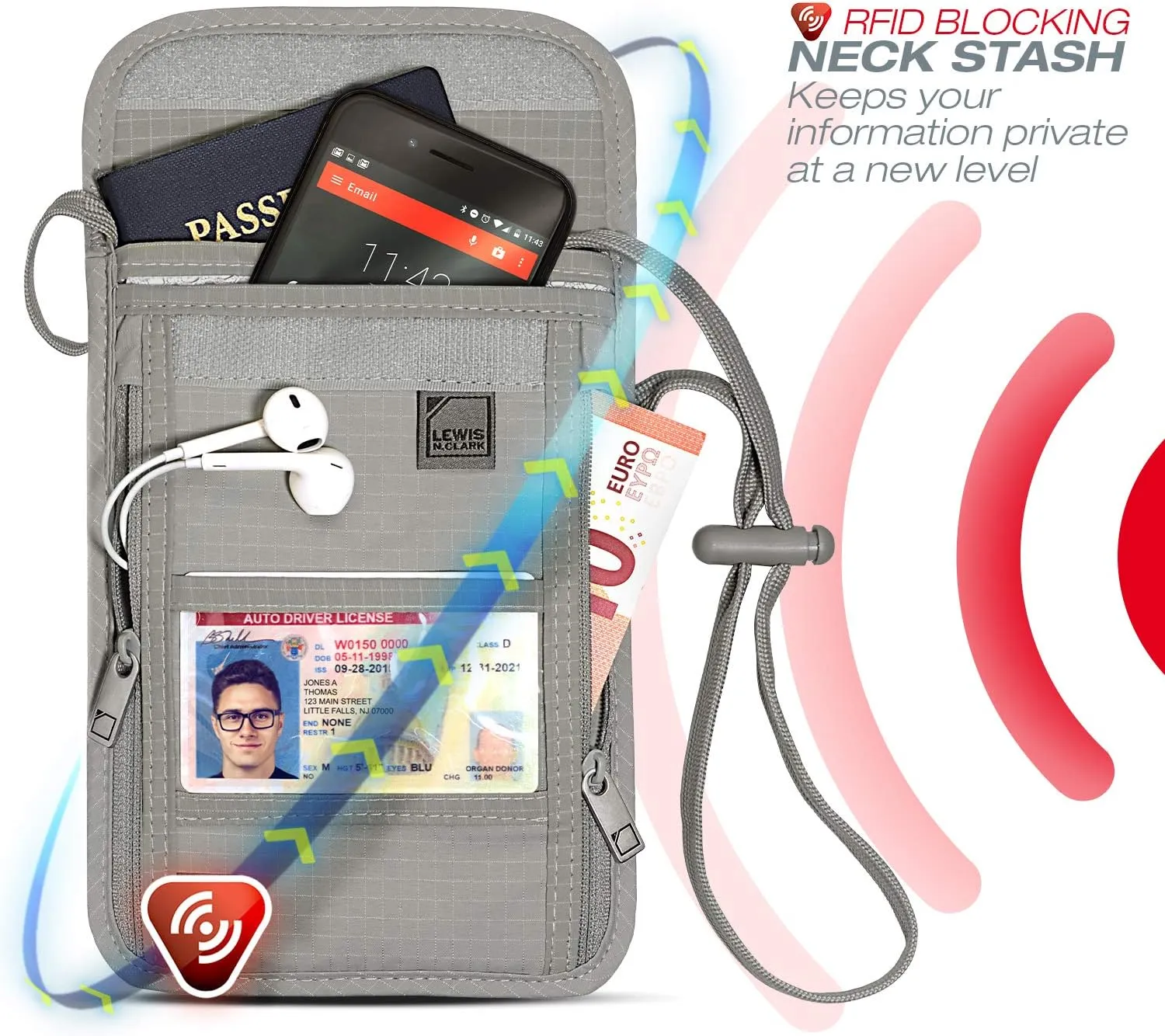Lewis N. Clark RFID Blocking Stash Neck Wallet, Travel Pouch   Passport Holder for Women & Men, Gray, One Size