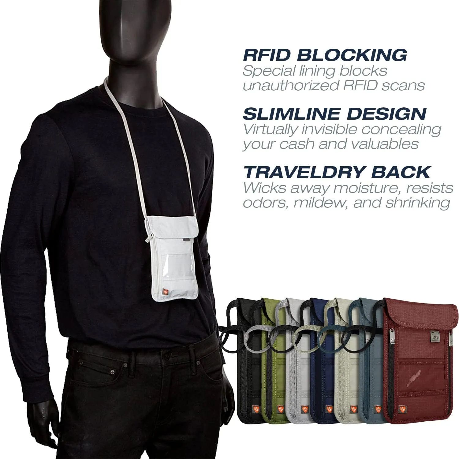 Lewis N. Clark RFID Blocking Stash Neck Wallet, Travel Pouch   Passport Holder for Women & Men, Gray, One Size