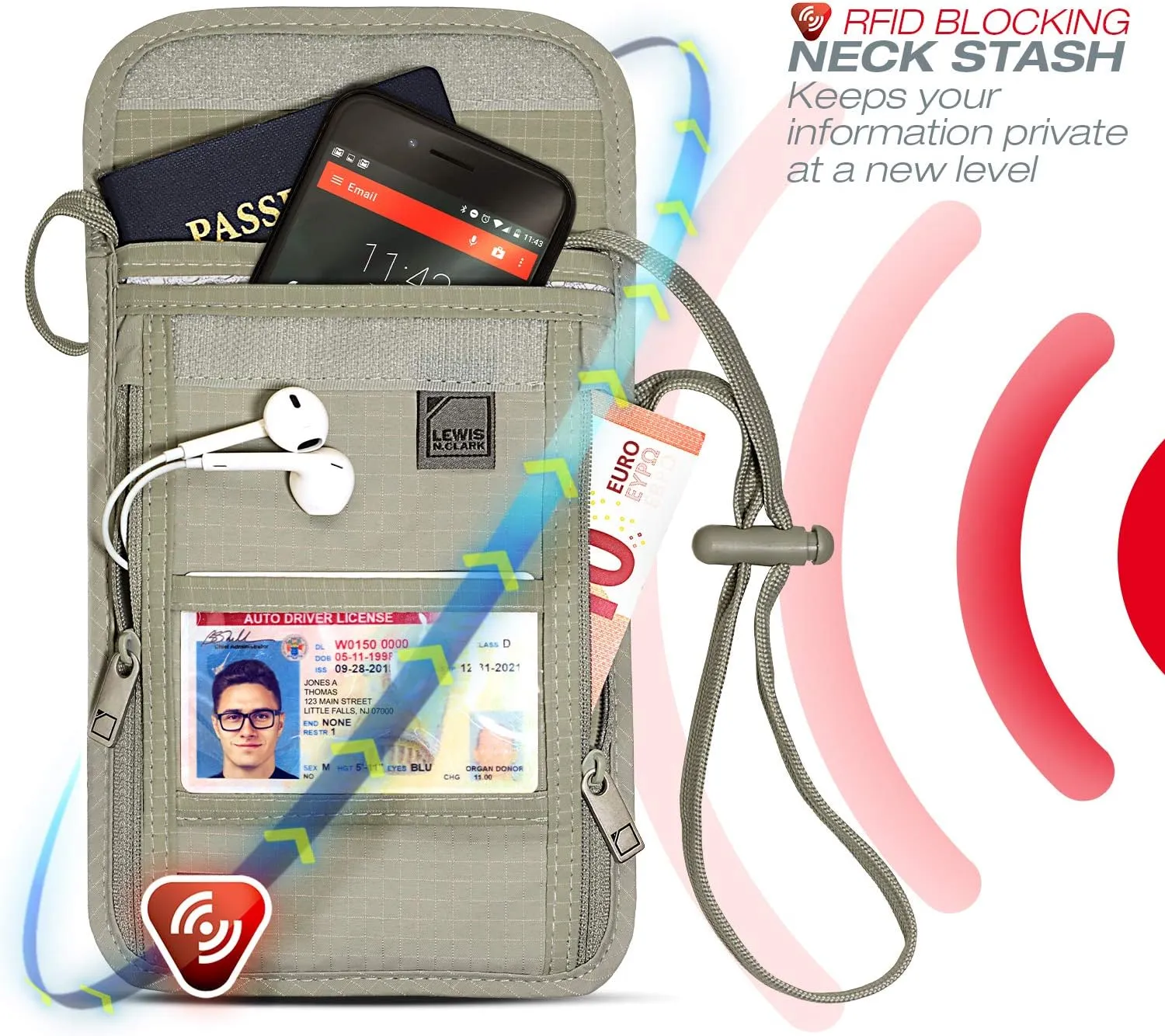 Lewis N. Clark RFID Blocking Stash Neck Wallet, Travel Pouch   Passport Holder for Women & Men, Tan/Tan, One Size
