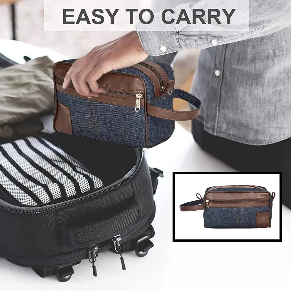Liberty Leather - Canvas/Genuine Sheep Nappa Leather Unisex Luxury Toiletry Travel Bag | Bathroom Organizer with Multiple Compartments for Men and Women | Portable Cosmetic Case for Traveling Dopp Kit