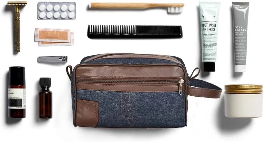 Liberty Leather - Canvas/Genuine Sheep Nappa Leather Unisex Luxury Toiletry Travel Bag | Bathroom Organizer with Multiple Compartments for Men and Women | Portable Cosmetic Case for Traveling Dopp Kit
