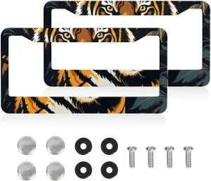 License Plate Frame License 2 Packs Plate Stainless Steel Rust-Proof Auto Parts Funny License Plate Cover Decoration with Screws for Men Women (Animal Tigers)