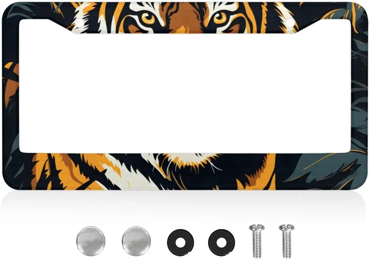 License Plate Frame License 2 Packs Plate Stainless Steel Rust-Proof Auto Parts Funny License Plate Cover Decoration with Screws for Men Women (Animal Tigers)