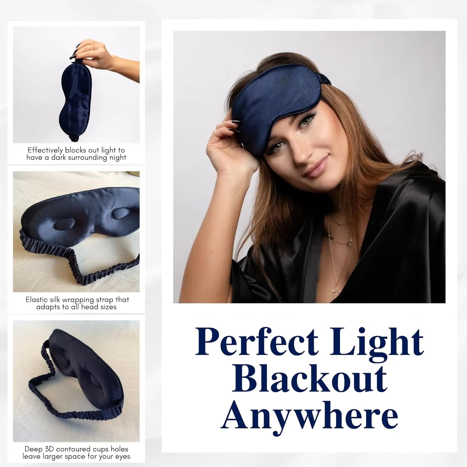 LifeyGoods Pure Mulberry Silk Sleep Mask with Eye Cups, 3D Contoured Silk Eye Mask for Sleeping, Super Soft Breathable Blindfold, Perfect Light Blocking, Ideal for Men & Women (Navy Blue)