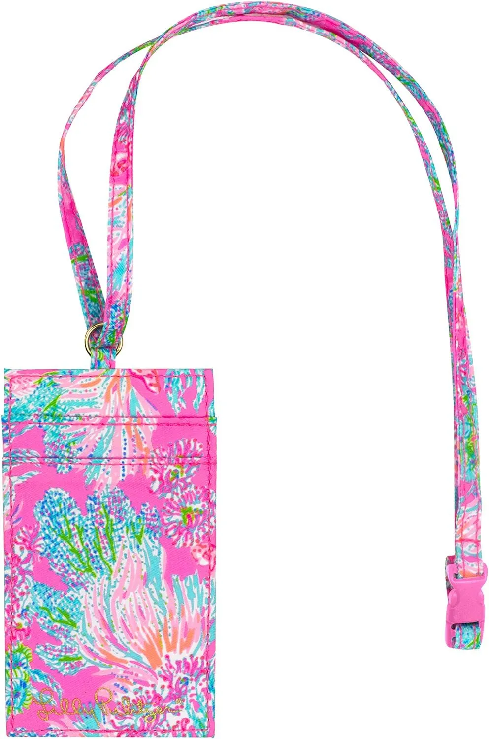Lilly Pulitzer Pink Lanyard with ID Holder, Keychain Wallet for School or Office, Badge Holder with Clear Window and Card Slots, Seaing Things