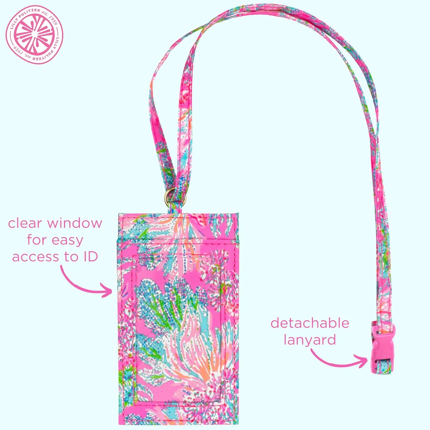 Lilly Pulitzer Pink Lanyard with ID Holder, Keychain Wallet for School or Office, Badge Holder with Clear Window and Card Slots, Seaing Things