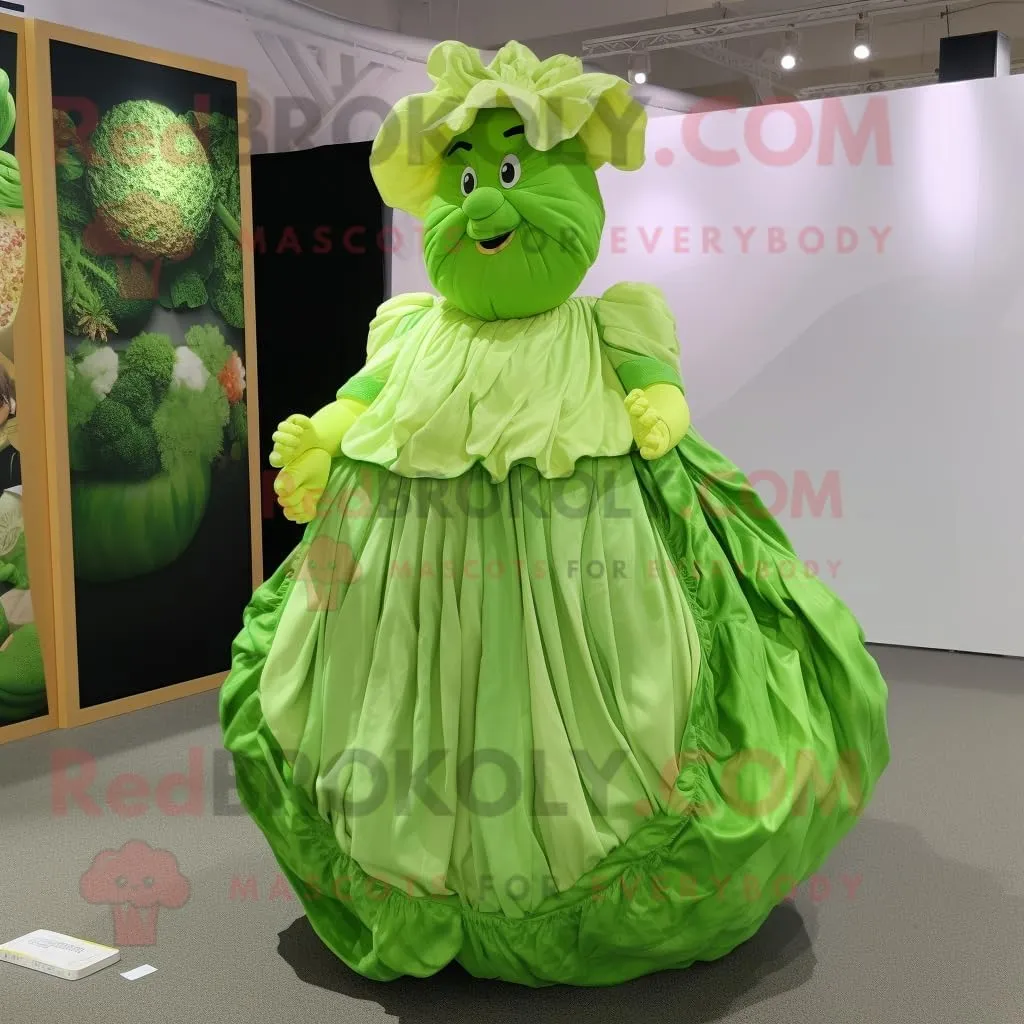 Lime Green Cabbage mascot costume character dressed with a Wrap Dress and Foot pads, Large