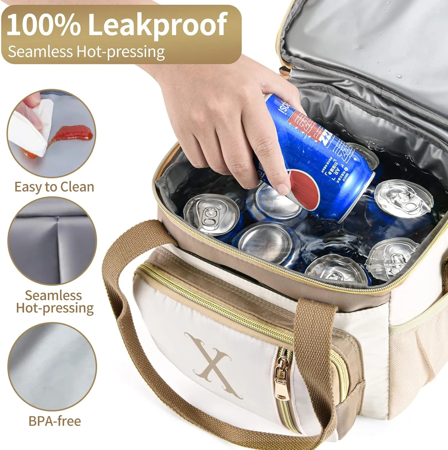 LOKASS Personalized Lunch Bag for Women Work, 16L Initial Insulated Lunch box for Adult/Womens Gift, Leakproof Personalized Gift Lunchbag with Adjustable Shoulder Strap, Cooler Bag Beige - N