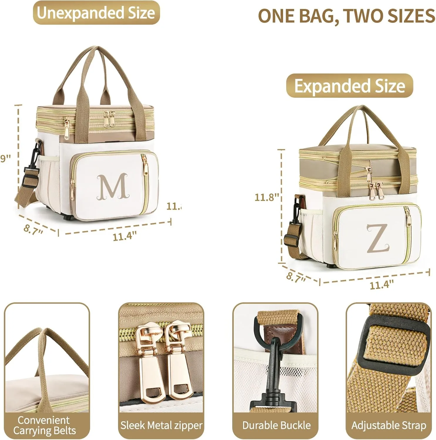 LOKASS Personalized Lunch Bag for Women Work, 16L Initial Insulated Lunch box for Adult/Womens Gift, Leakproof Personalized Gift Lunchbag with Adjustable Shoulder Strap, Cooler Bag Beige - N