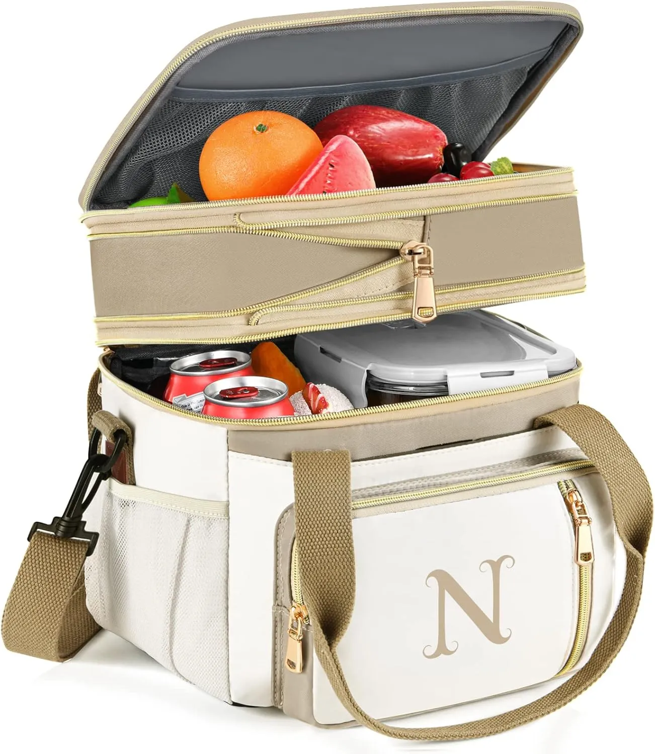 LOKASS Personalized Lunch Bag for Women Work, 16L Initial Insulated Lunch box for Adult/Womens Gift, Leakproof Personalized Gift Lunchbag with Adjustable Shoulder Strap, Cooler Bag Beige - N