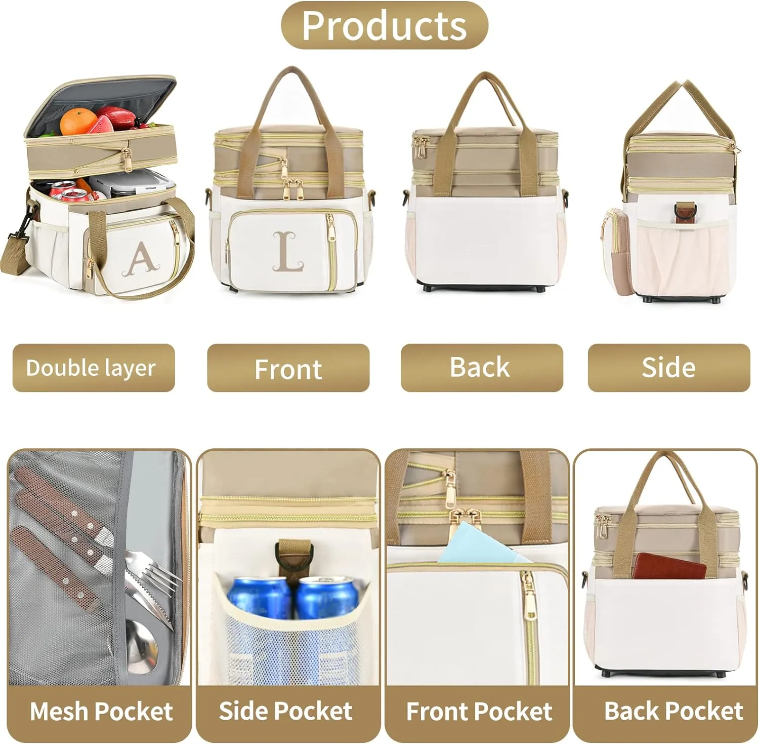 LOKASS Personalized Lunch Bag for Women Work, 16L Initial Insulated Lunch box for Adult/Womens Gift, Leakproof Personalized Gift Lunchbag with Adjustable Shoulder Strap, Cooler Bag Beige - N