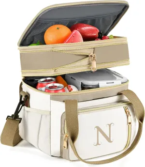 LOKASS Personalized Lunch Bag for Women Work, 16L Initial Insulated Lunch box for Adult/Womens Gift, Leakproof Personalized Gift Lunchbag with Adjustable Shoulder Strap, Cooler Bag Beige - N