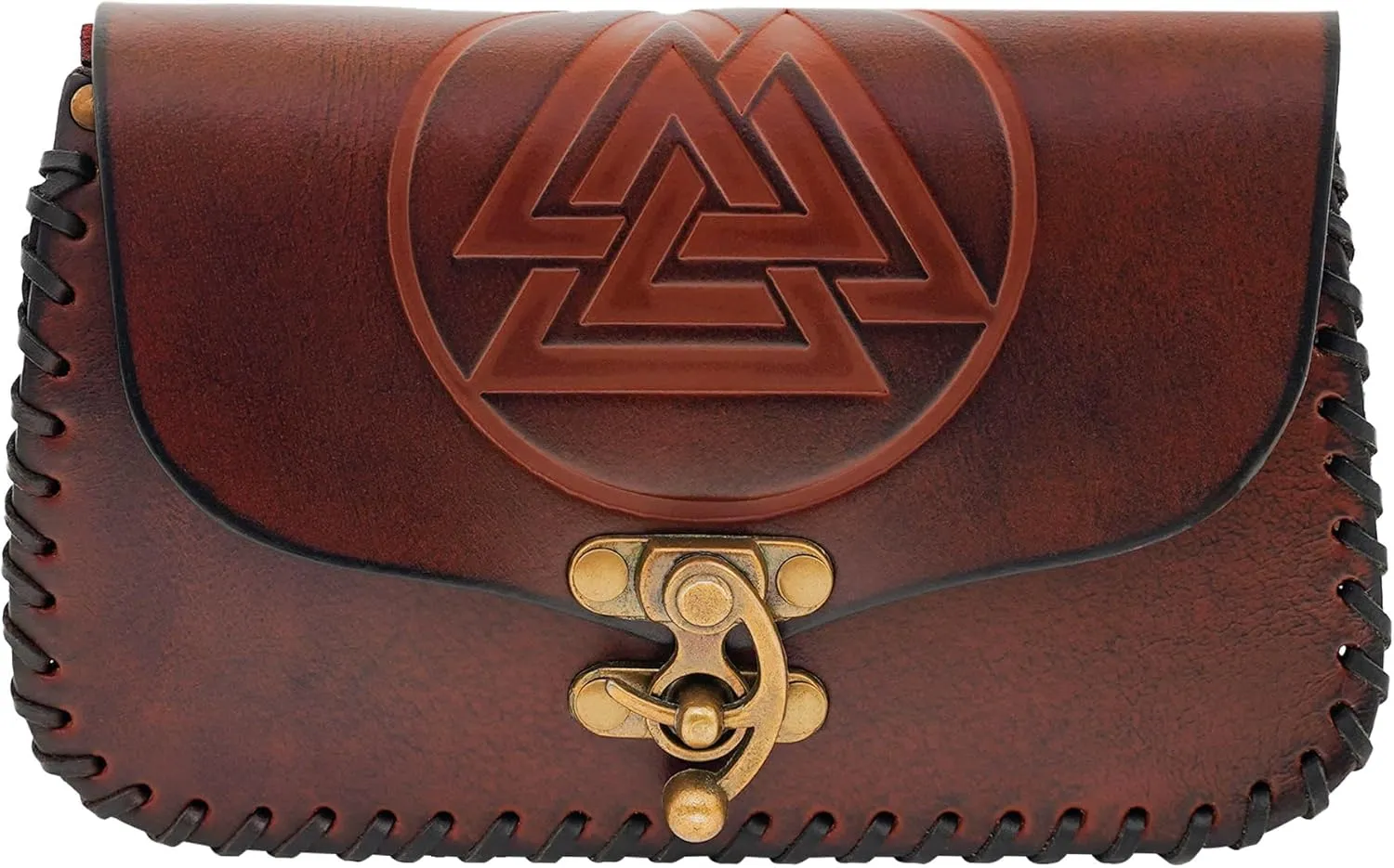 Lord of Battles Genuine Leather Bag Viking Valknut Style Waist Bag Costume Accessories Pouch Viking Coin Bag for Larp, Ren Faire, Halloween (Brown)