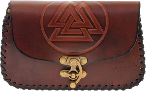 Lord of Battles Genuine Leather Bag Viking Valknut Style Waist Bag Costume Accessories Pouch Viking Coin Bag for Larp, Ren Faire, Halloween (Brown)