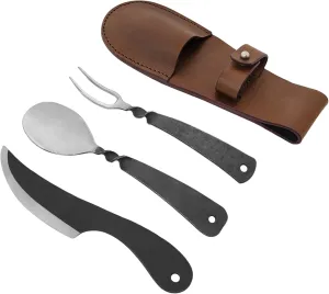 Lord of Battles Medieval Cutlery Set Functional Camp Gear Rustic Viking Cutlery Set | Pack of Medieval Knife, Fork, Spoon | Handforged Feating Set (Mild Steel with Leather)